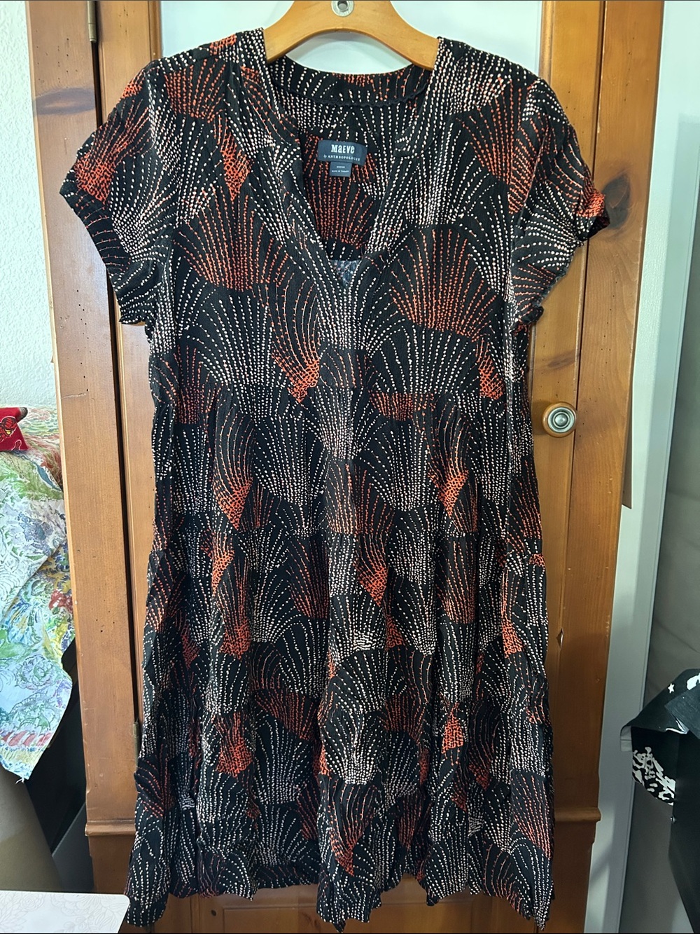 Anthropologie Black Dress with Rust & Cream Fan Dot Print